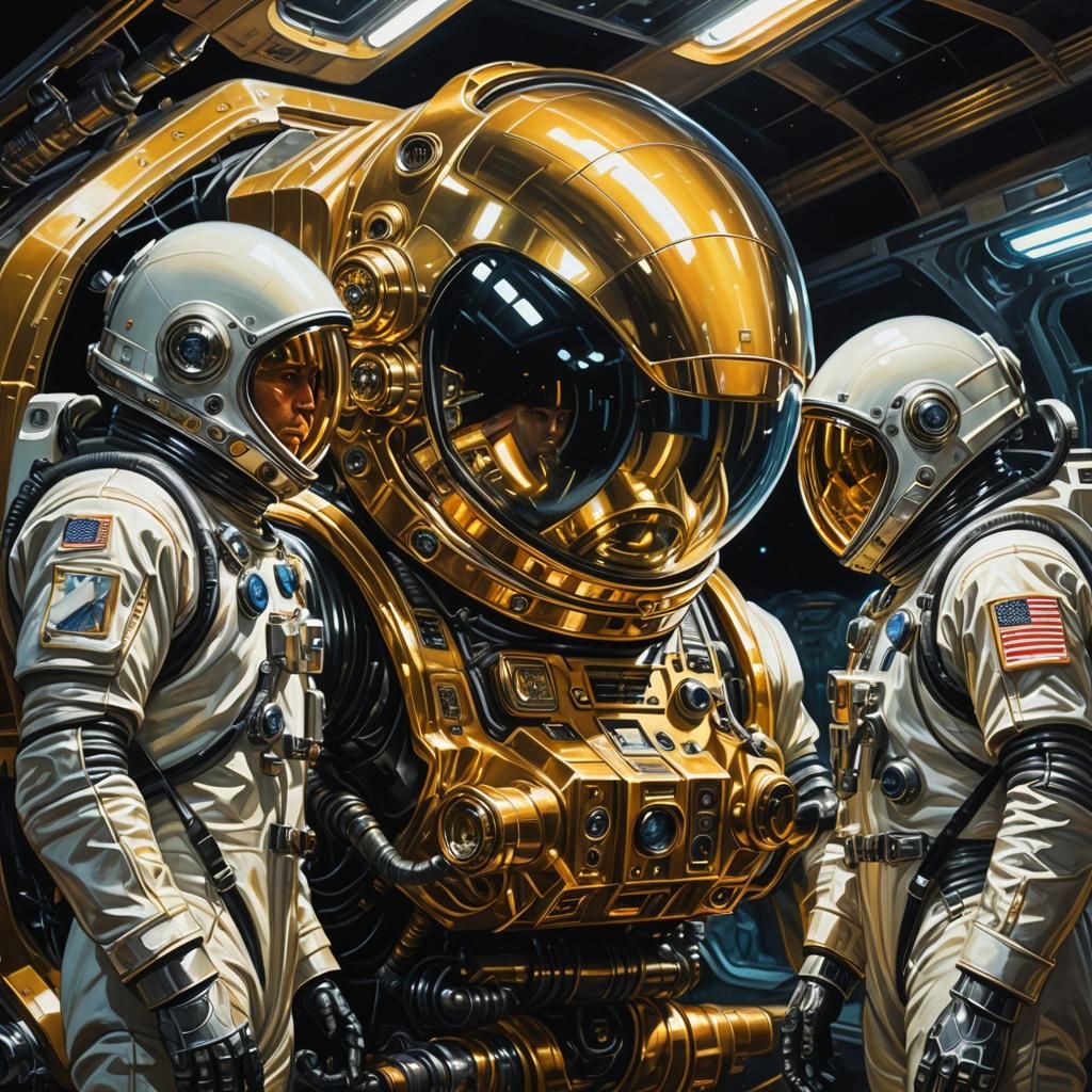 Retro-Futuristic Astronauts Repairing UFO Engine