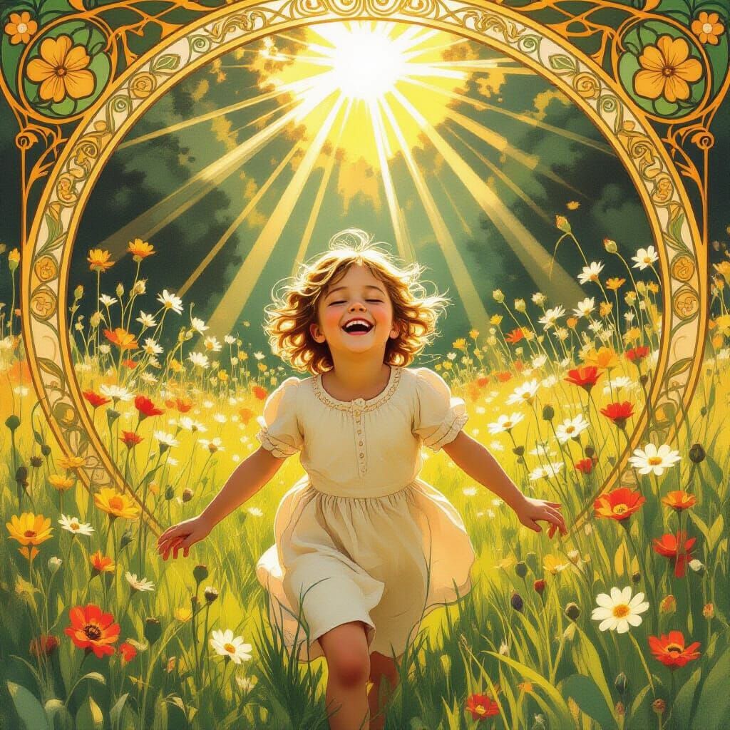 Art Nouveau Child Running Through Sunlit Meadows