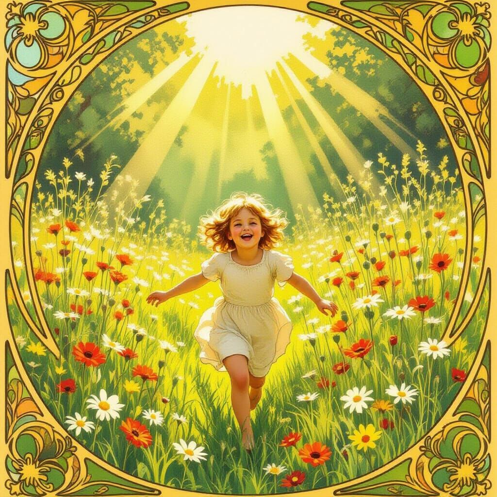 Art Nouveau Child Running Joyfully in Sunlit Meadow