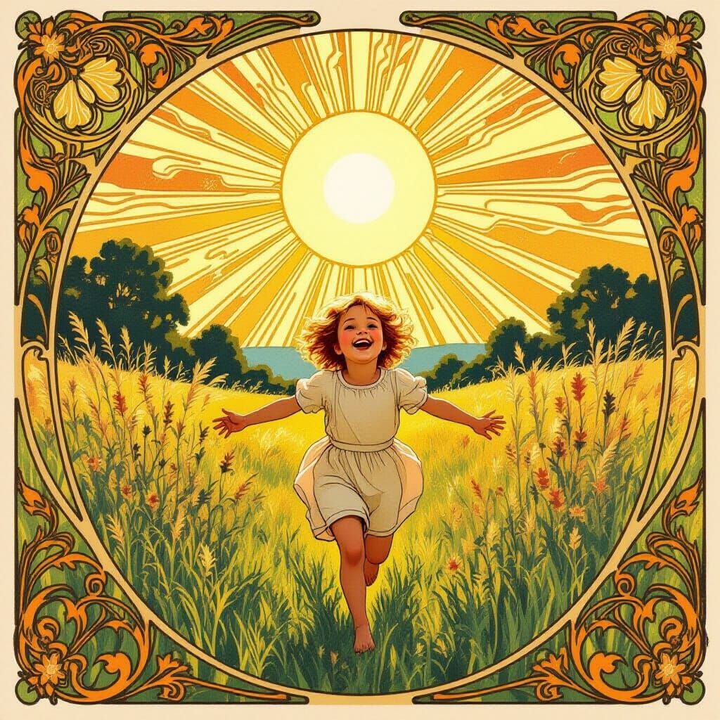 Art Nouveau Child Running Through Sunlit Meadows