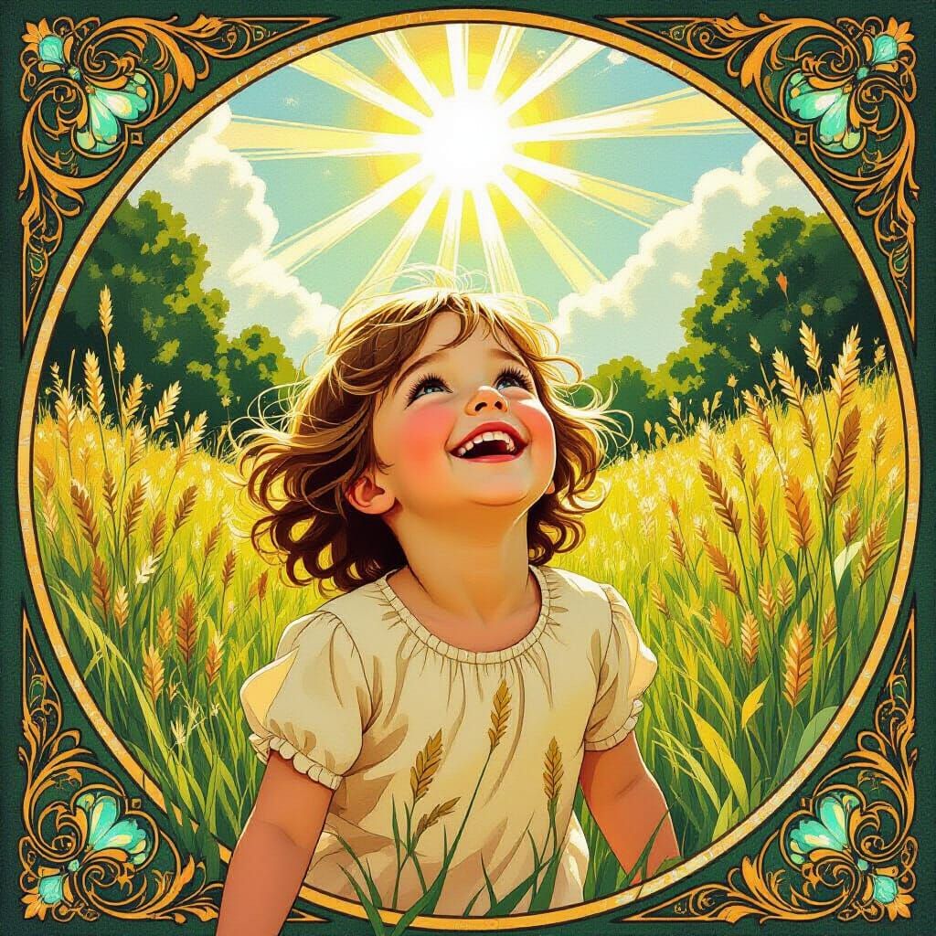 Art Nouveau Child Running Through Sunlit Meadows