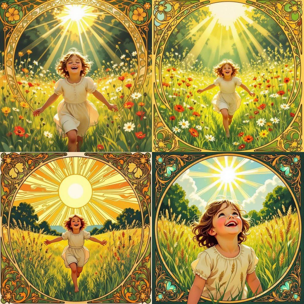 Art Nouveau Child Running Through Sunlit Meadows