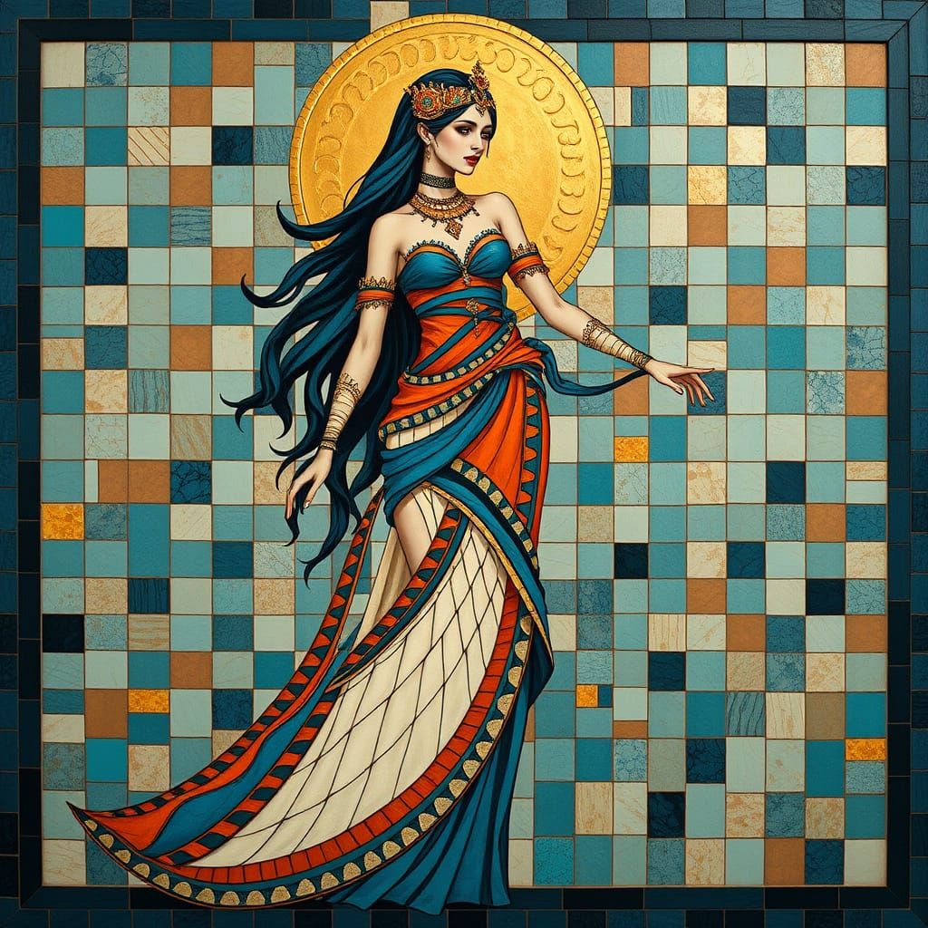 Surreal Geometric Goddess in Vibrant Mosaic Attire
