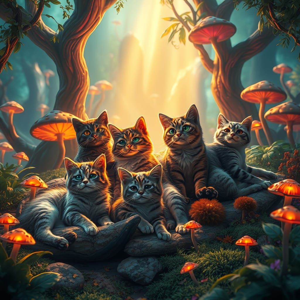 Surreal Feline Realm in Vibrant, Mystical Landscapes