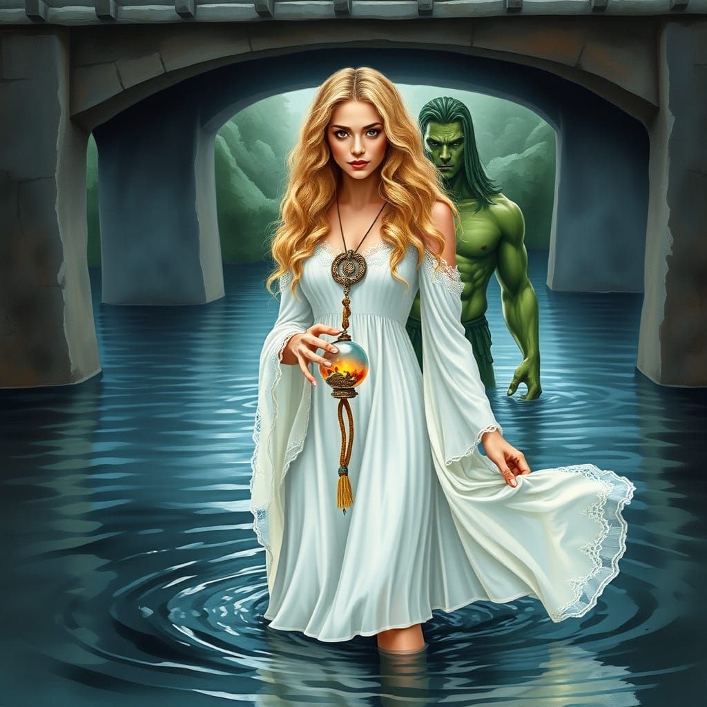 Mystical Woman in Dark River Under Bridge