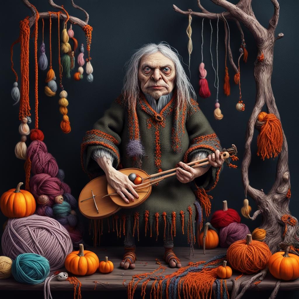 Baba Yaga Knitting Halloween Textiles in Hyperrealism