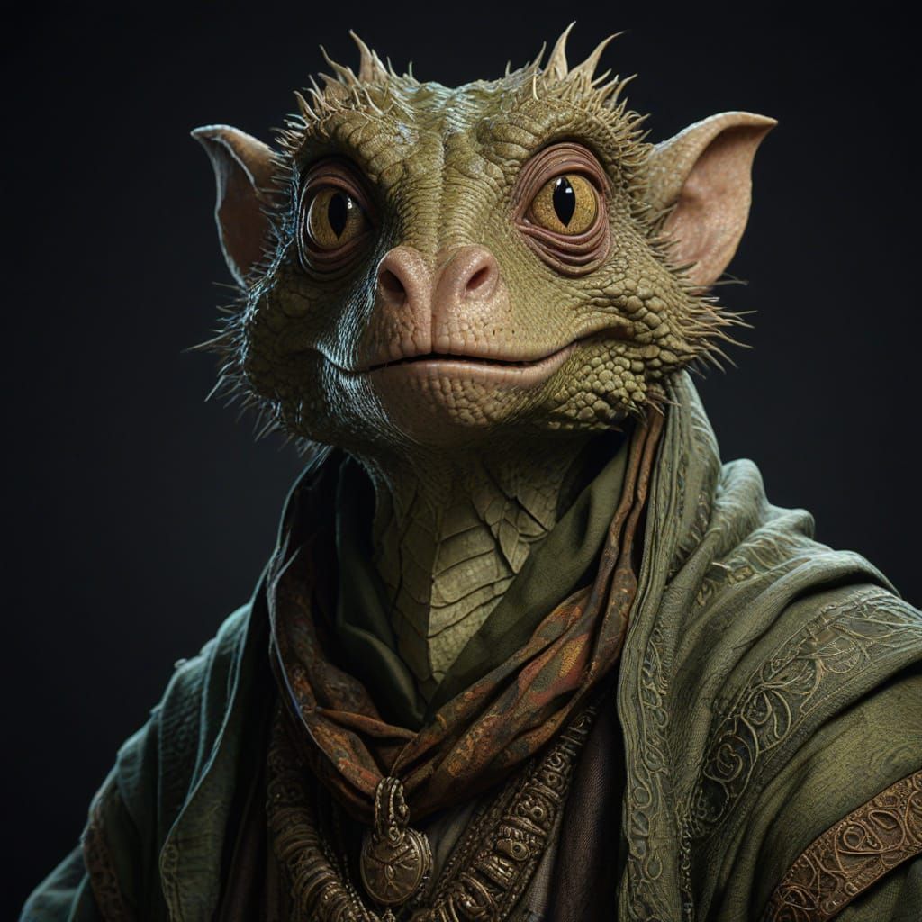 Surreal Portrait of a Scaly Kobold Cartographer in a Green S...