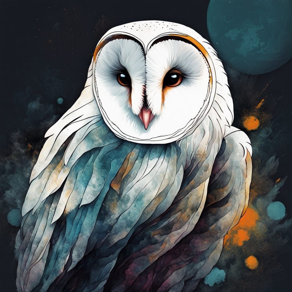 Surreal Barn Owl in Misty Nighttime Scene