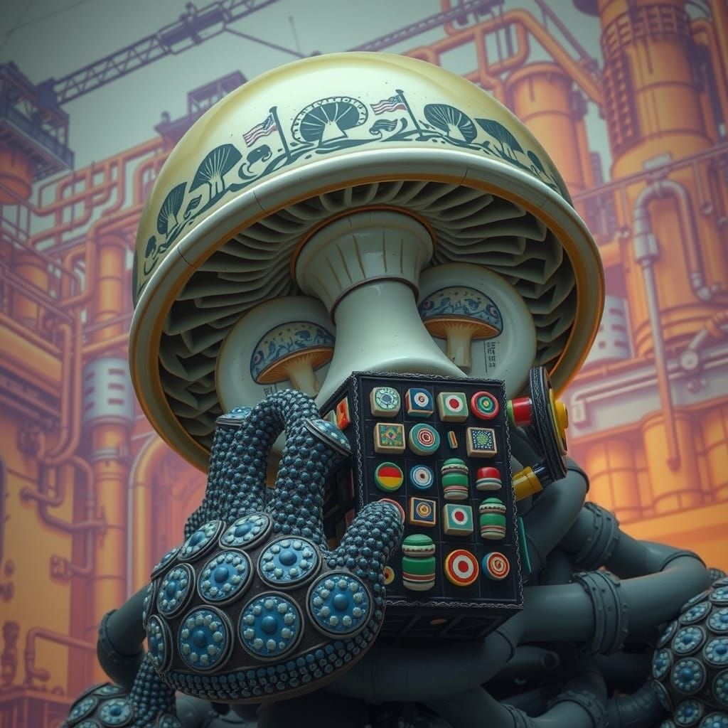 Gigantic Linocut Mushroom Sculpture in Industrial Setting