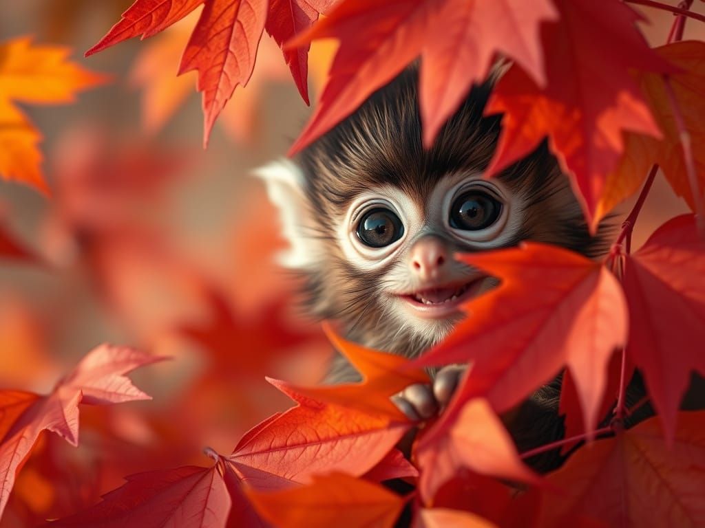 Cute Tarsier Monkey Peeking From Autumn Leaves