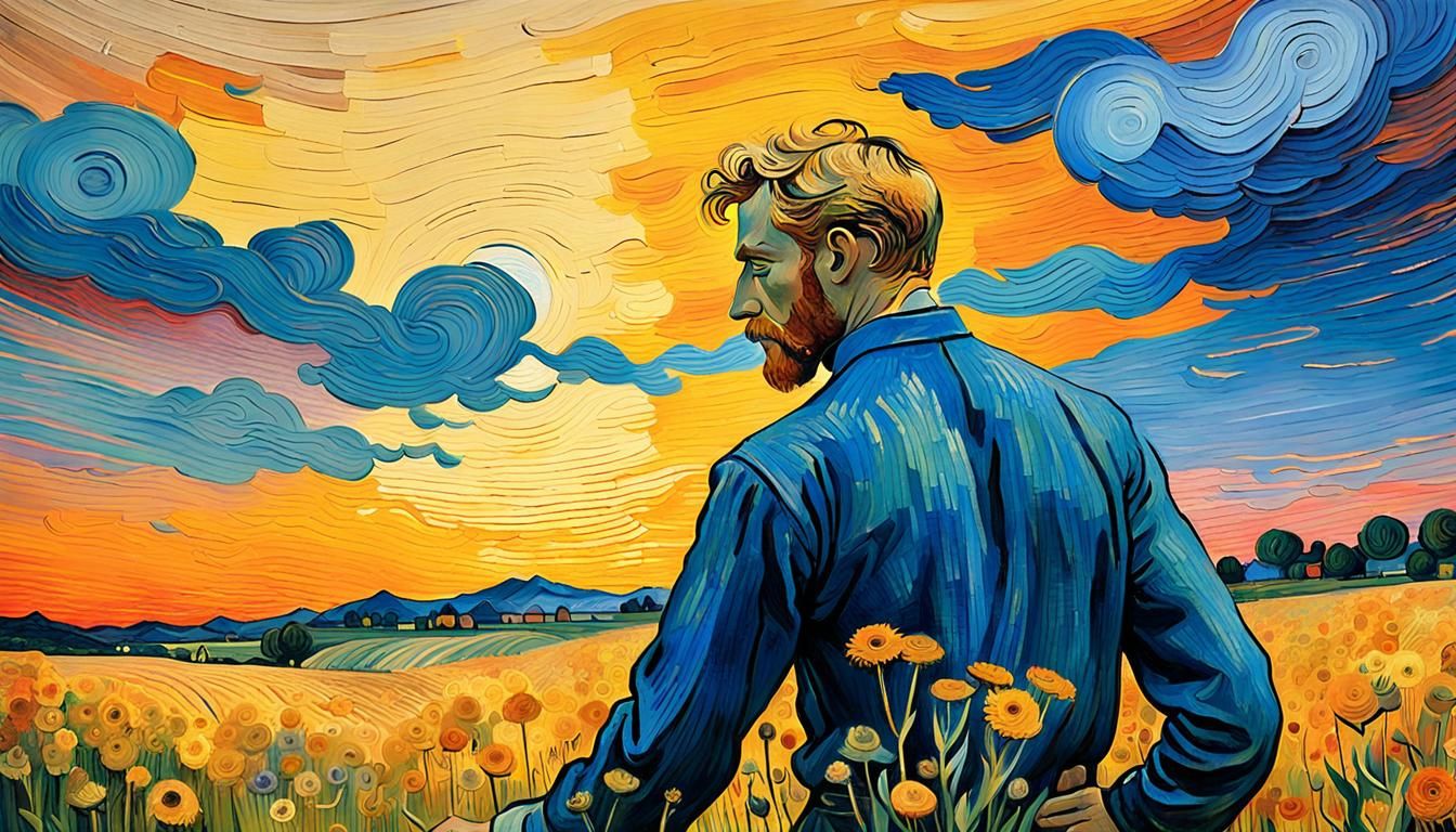 Blond Man in Field of Flowers: Van Gogh Impressionism