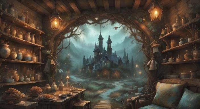 Enchanting Magic Shop in Forest at Night