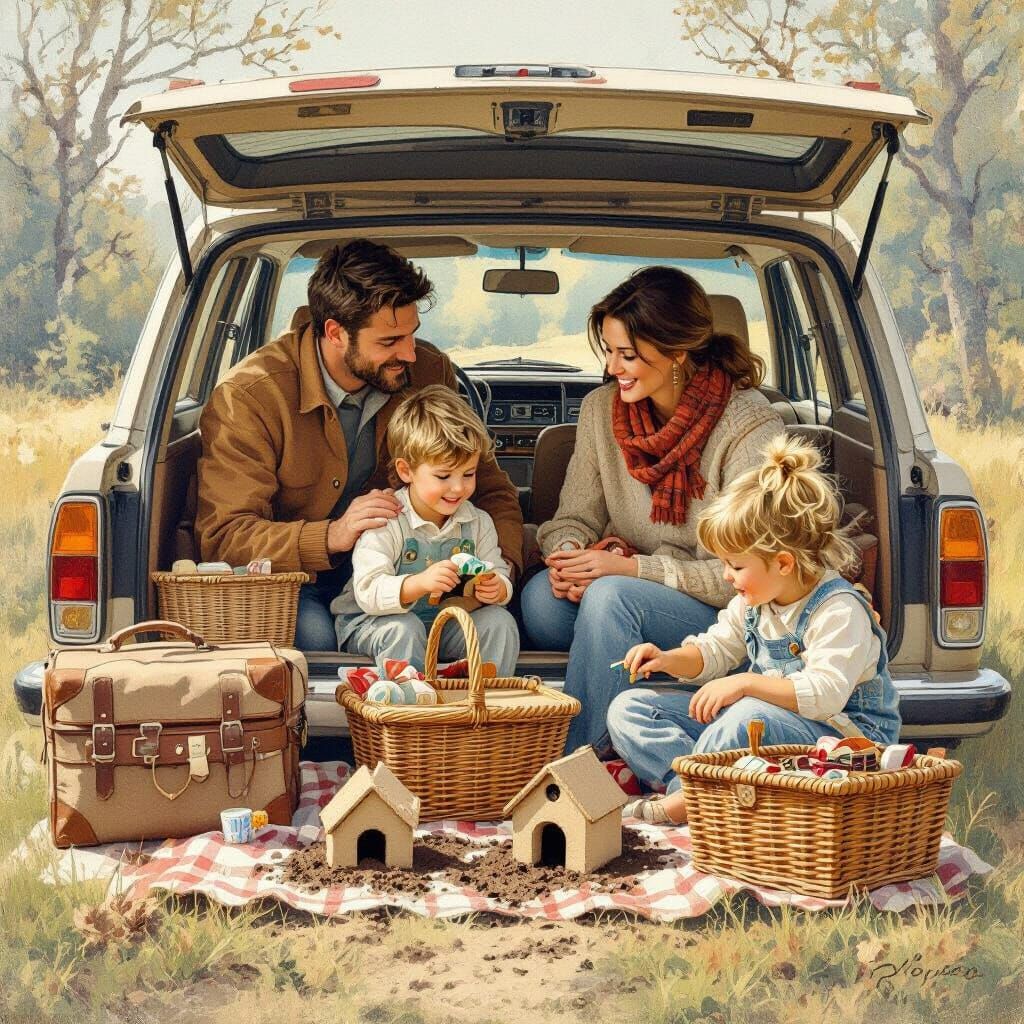Family Picnic Outing in Rockwell-esque Style