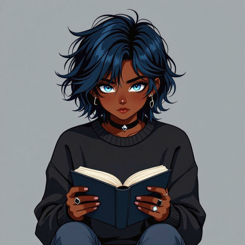 Shy High Schooler with Black-Blue Hair and Fangs