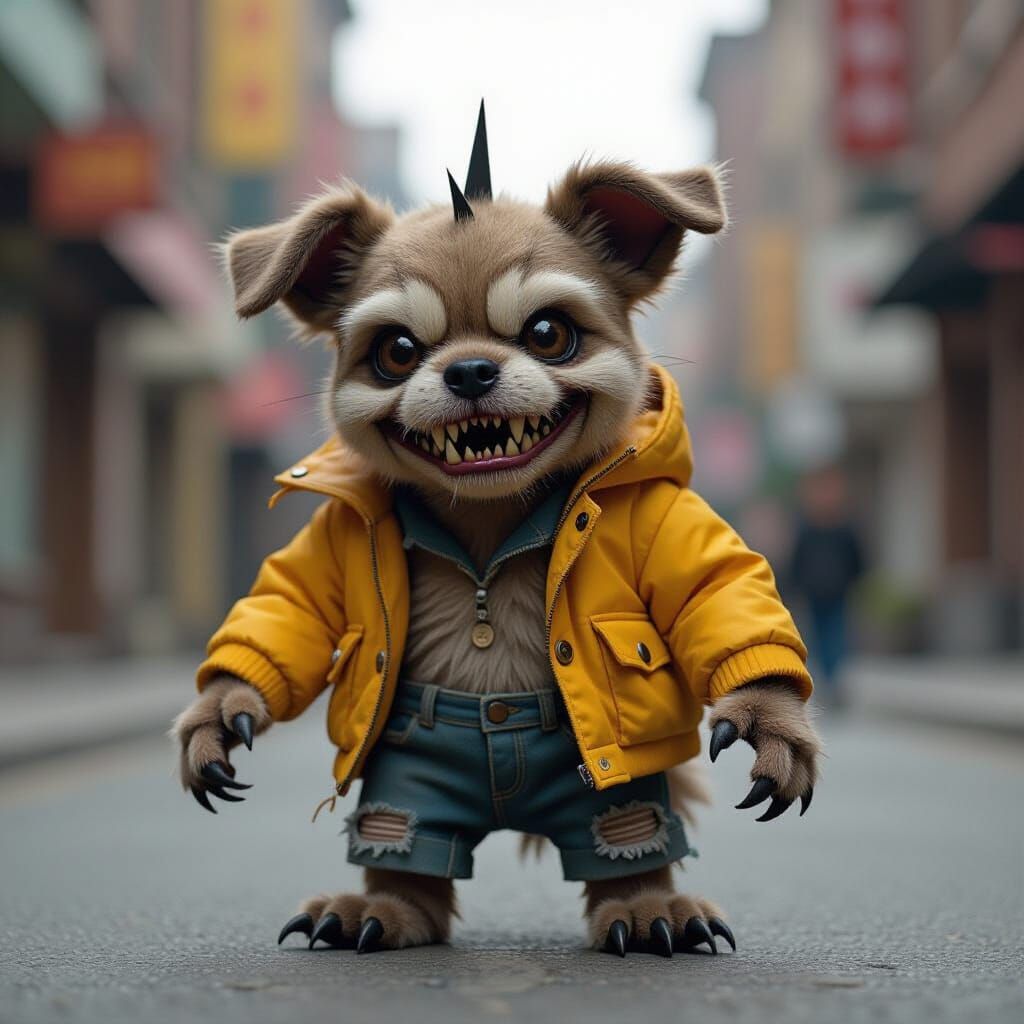 Grotesque Mascot Creature in Tattered Yellow Jacket