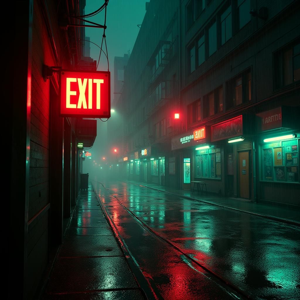 Neon Exit Sign in Rainy Cyberpunk Cityscape