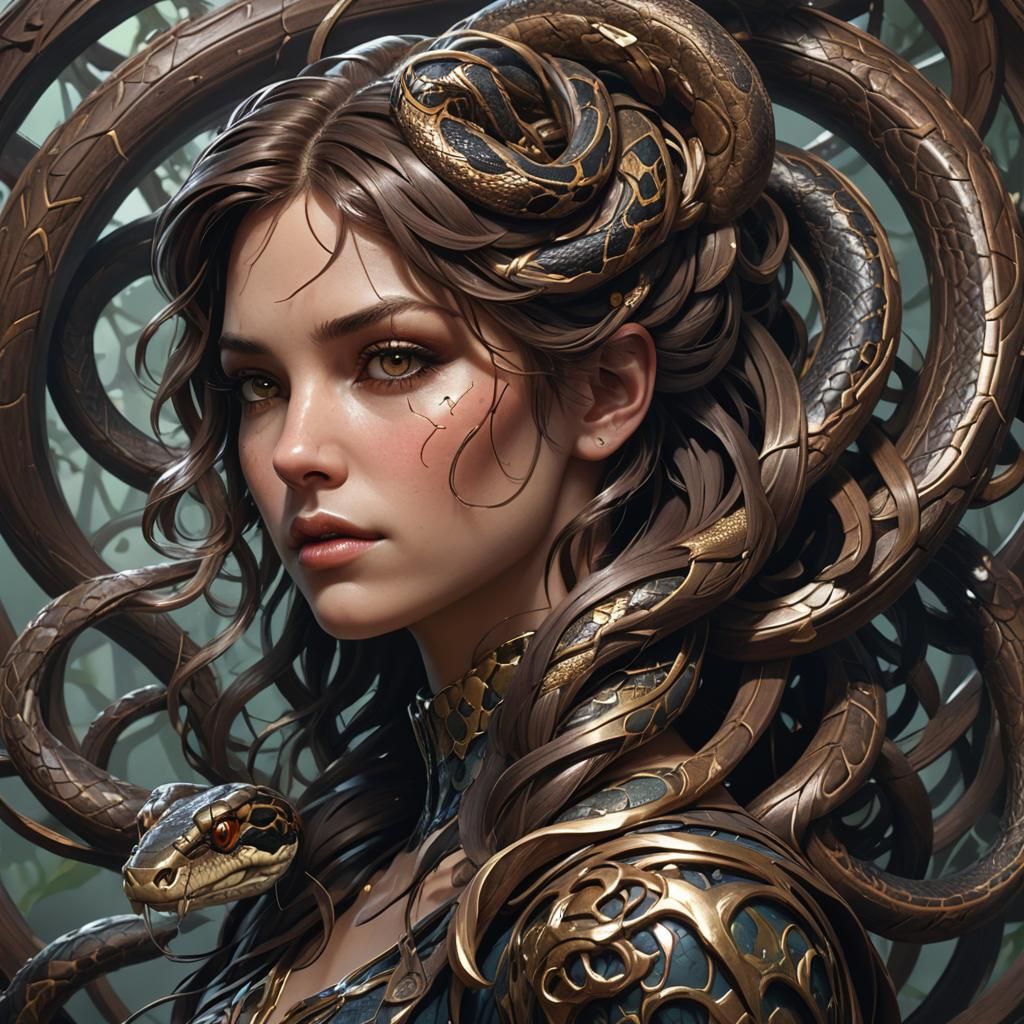 Medusa Portrait with Snakes, Hyperdetailed Concept Art