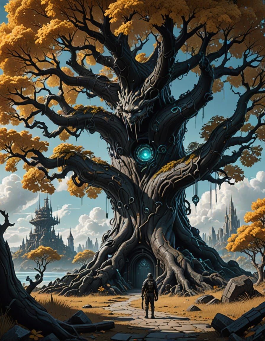 Surreal Cyberpunk Oak Tree Silhouette on Alien Shore
