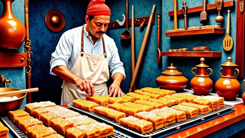 Turkish Baker Creates Baklava in Vibrant Folk Art Style