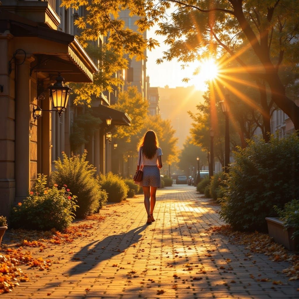 Woman Walking on Sunlit Street in Golden Hour