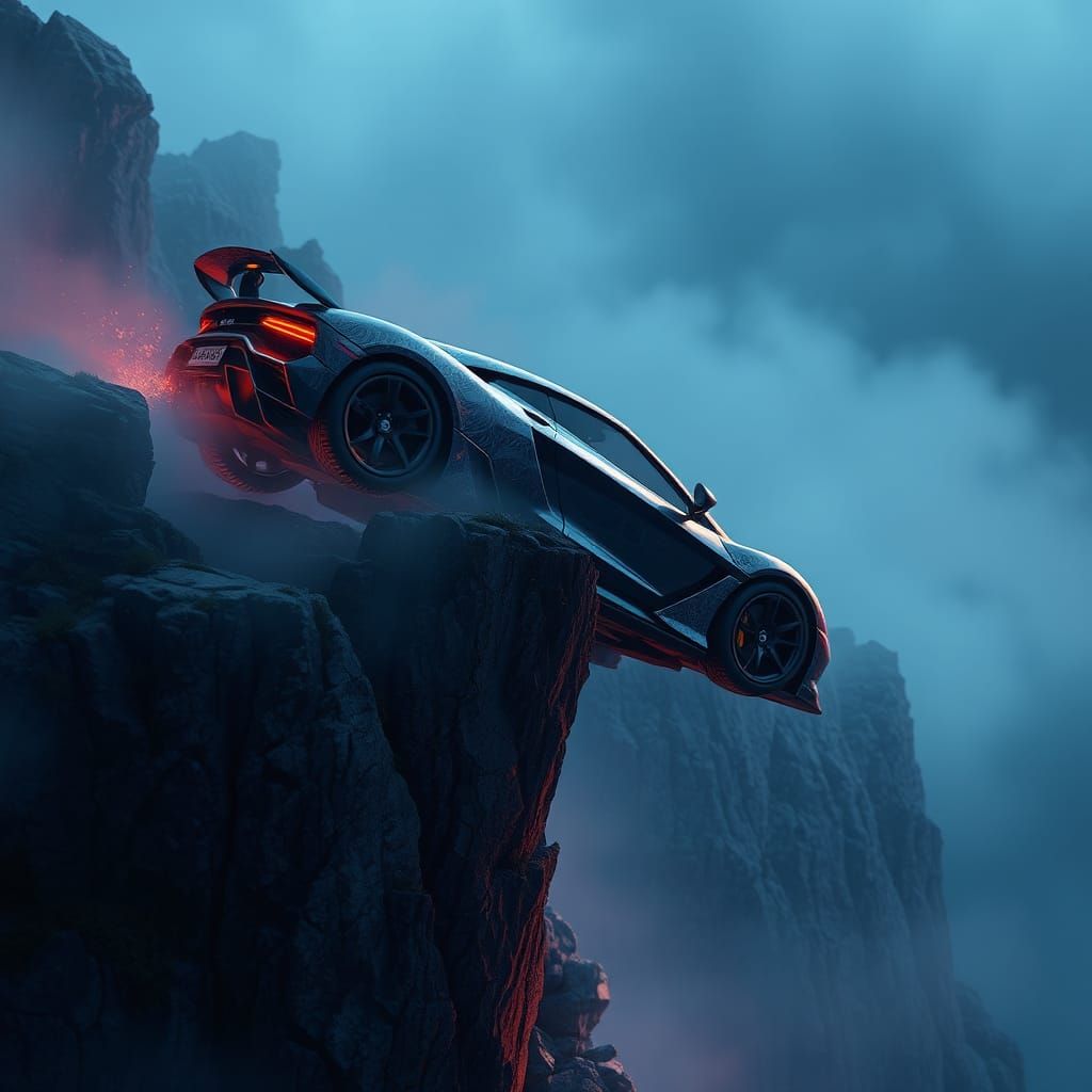 Car Jumps Cliff in Fantasy Landscape