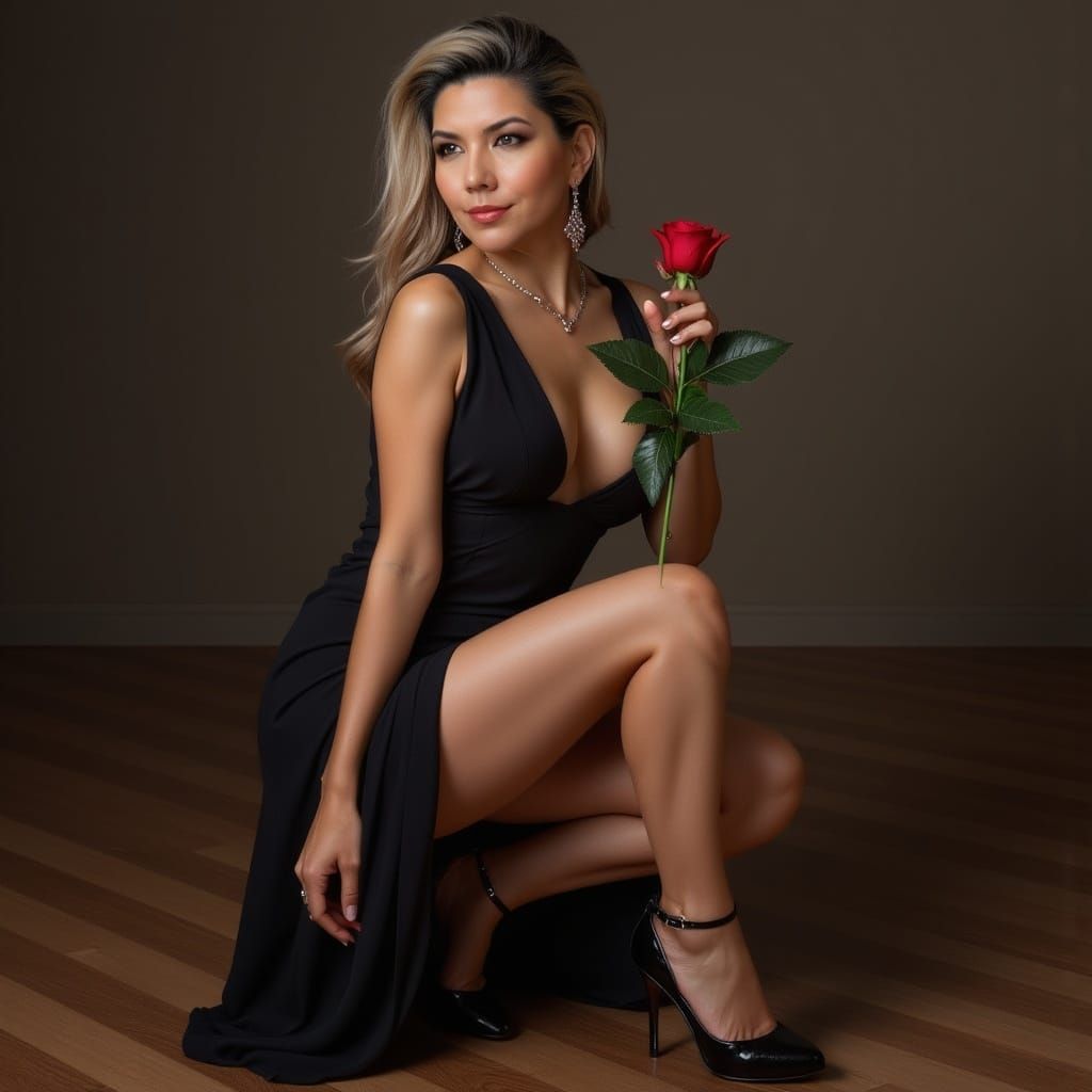 Elegant Woman in Black Dress with Crimson Rose