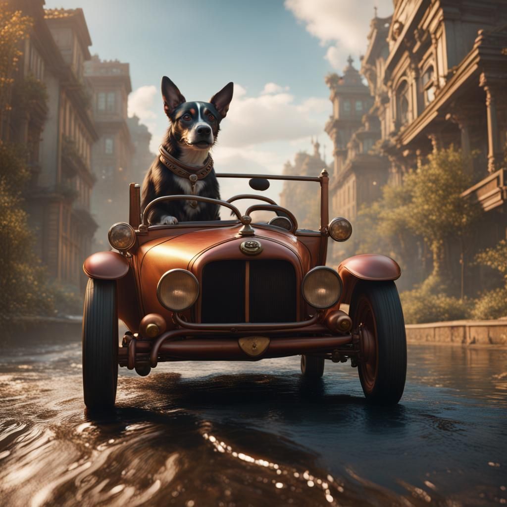 Dog Driving Car in Detailed Matte Painting