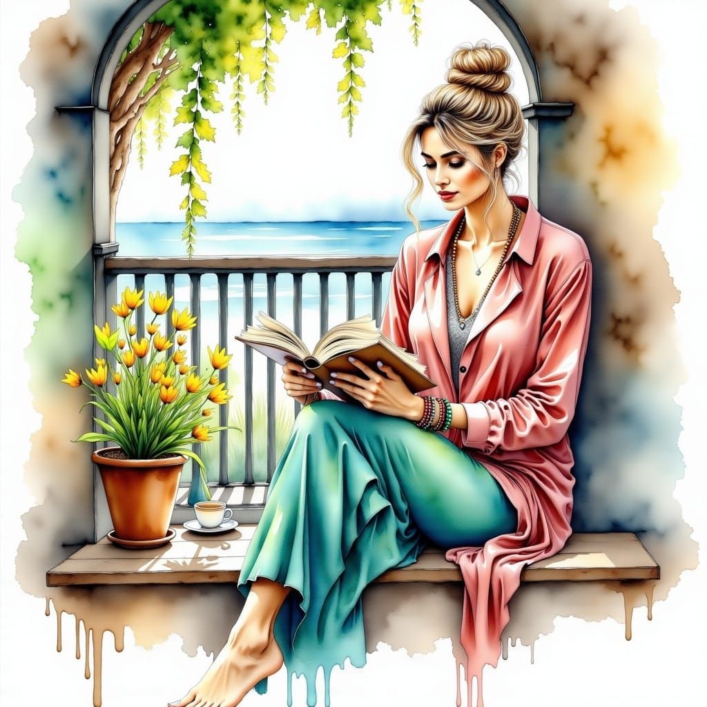 Woman Reading on Balcony in Liquid Ink Watercolor