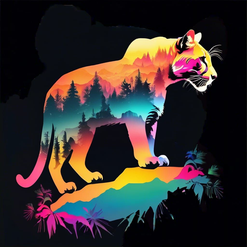 Colorful Mountain Panther Silhouette in Double Exposure Art