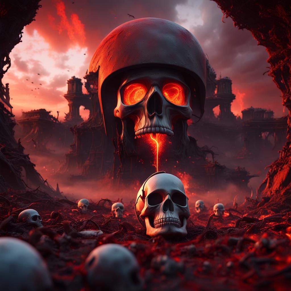 Apocalyptic Red Sky with Skull in Helmet