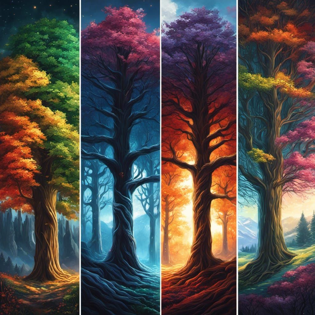 Four Seasons Tree Painting in Rainbow Art Style