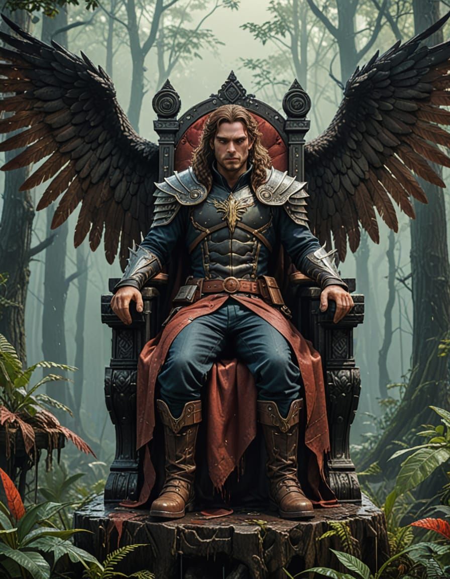 Dark Fantasy Mage with Wings and Bloody Hands in Rainforest