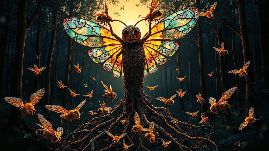 Surreal, Iridescent Bees Pollination in Golden Period Style