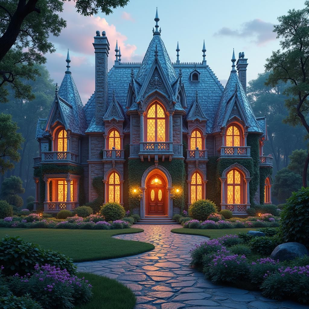 Gemstone Mansion in Gardens at Dusk