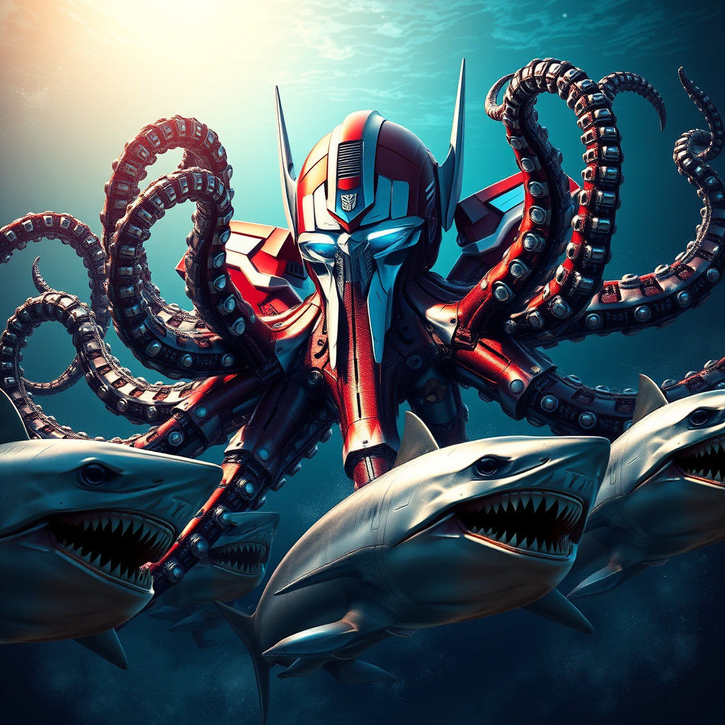 Robotic Octopus Prime Confronts Metallic Sharks