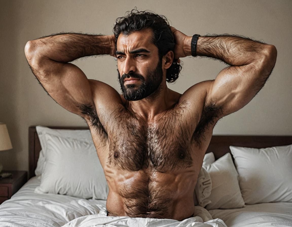 Hairy Arab Man Wakes Up in Morning Seriousness
