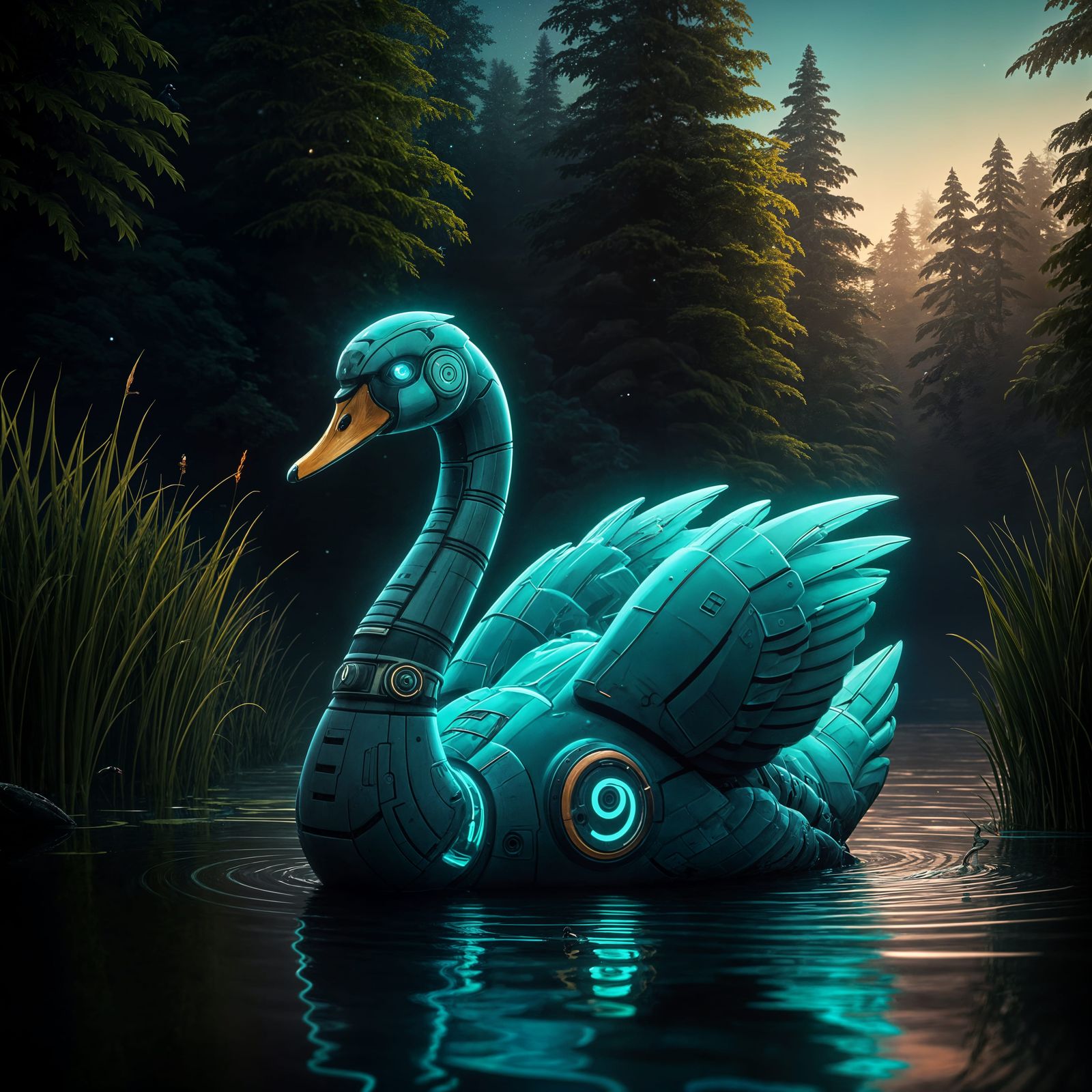 Neon Robotic Swan in Twilight Pond