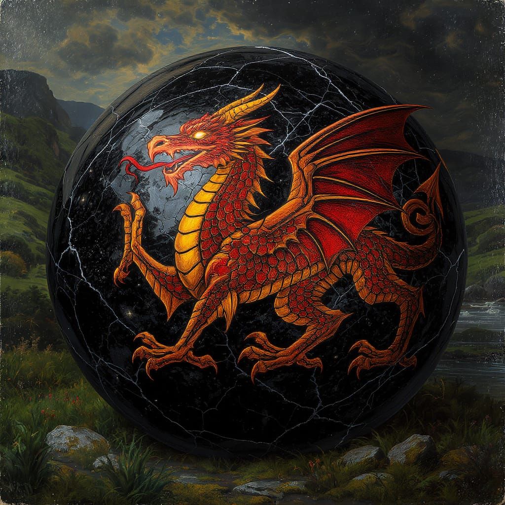 Majestic Welsh Dragon Engraved on Orb