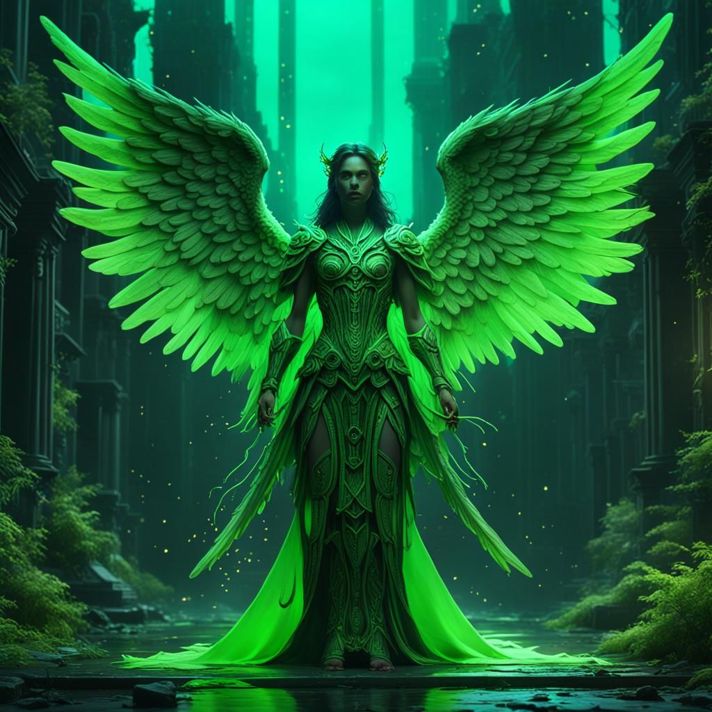 Neon Green Angel in Detailed Matte Painting Style