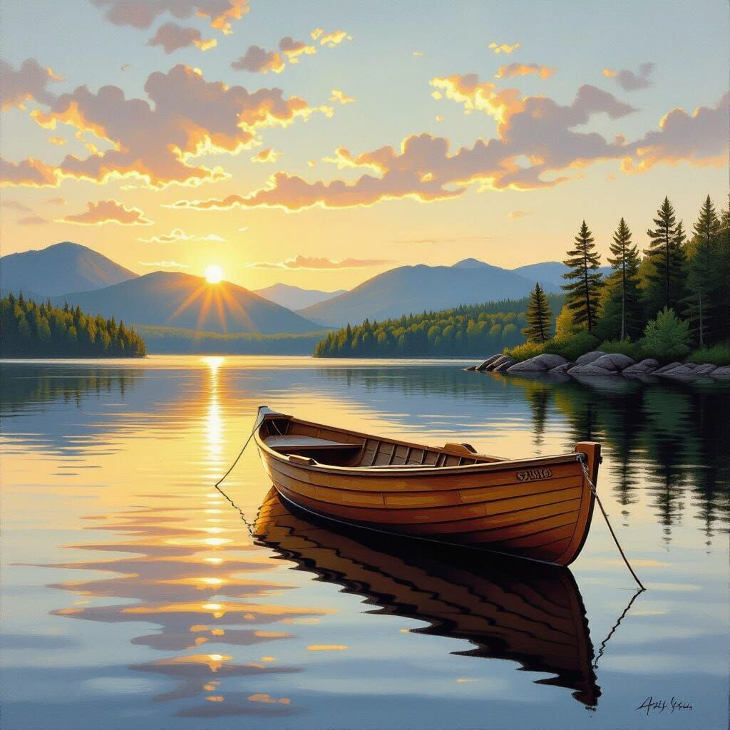 Serene Oil Painting of Squam Lake at Golden Hour