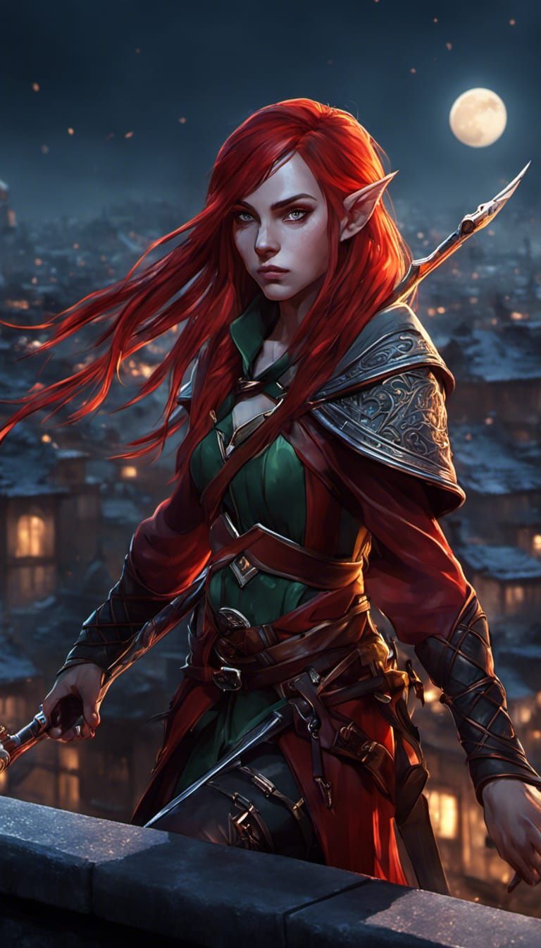 Anime Female Elf Assassin on Waterdeep Rooftops