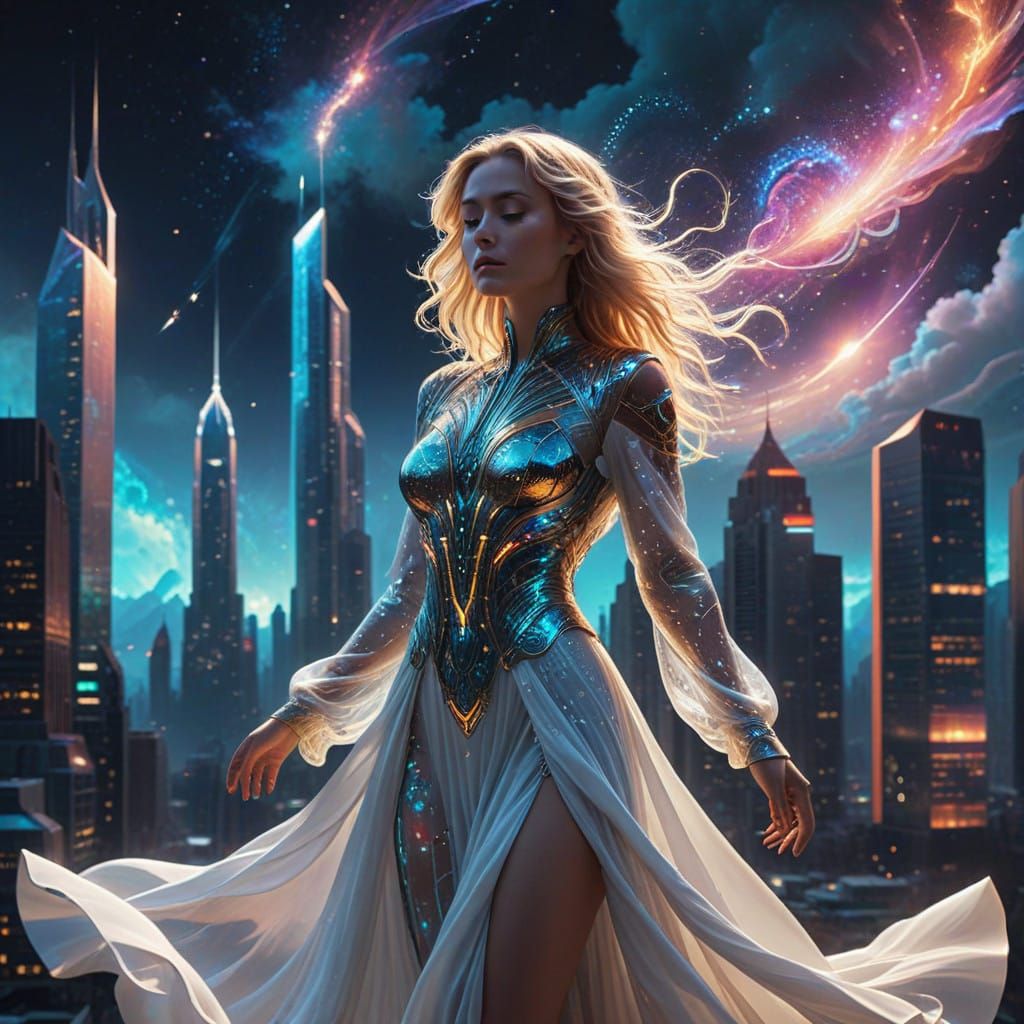 Ethereal Cityscape Goddess in Iridescent Hues