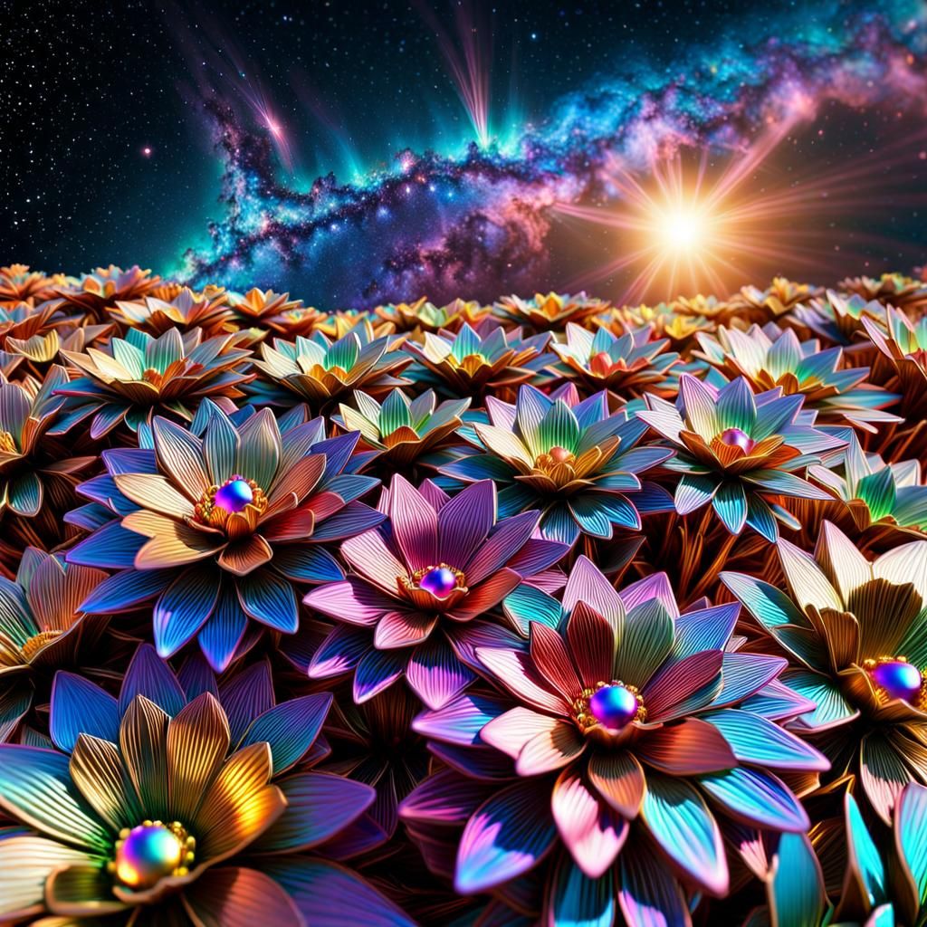 Bismuth Metal Flowers Under a Cosmic Sky