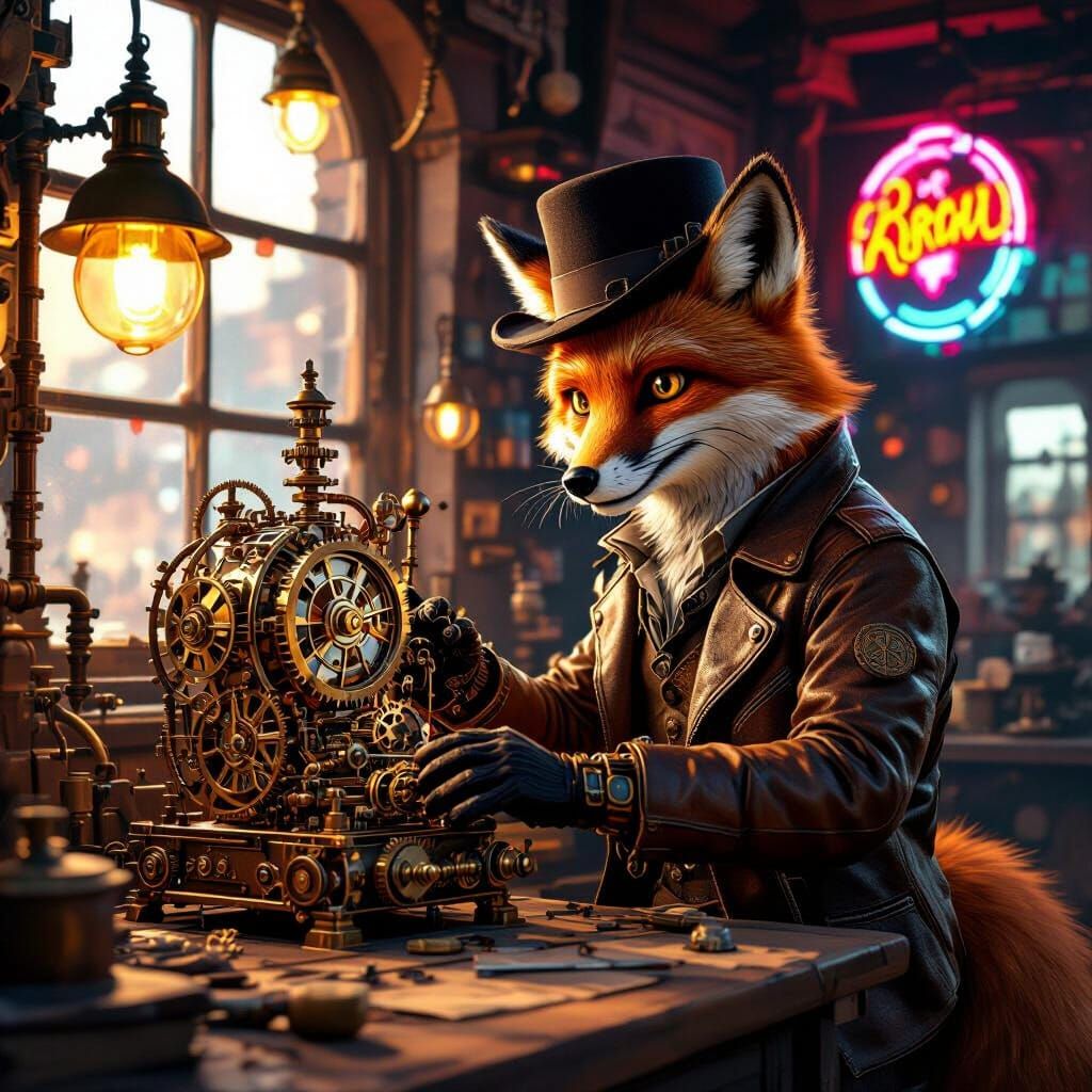 Steampunk Fox Tinkers with Clockwork Automaton