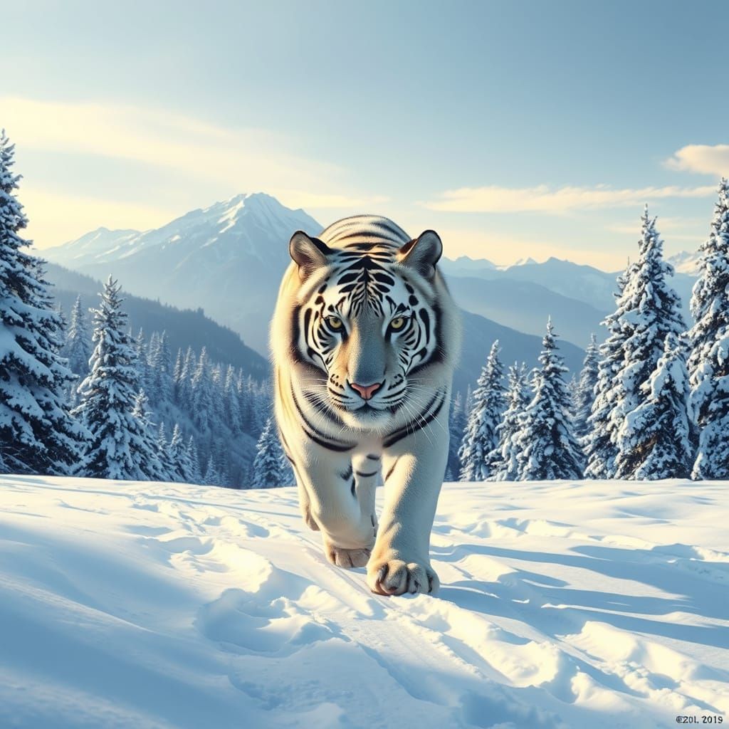 Snowy Tiger Embarks on a Serene Alpine Trek in Vibrant High-...