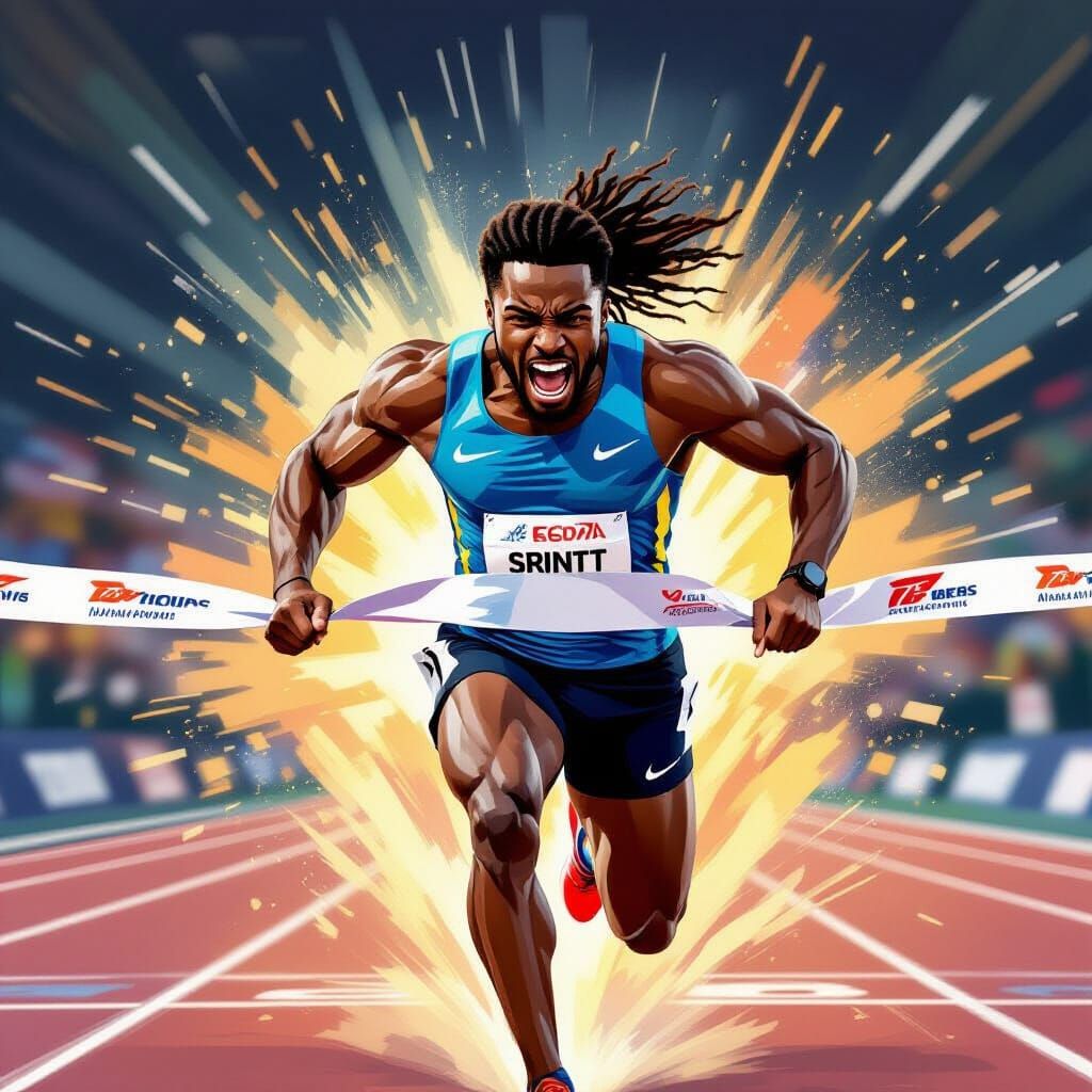 Airbrush Art of Sprinter Crossing the Finish Line