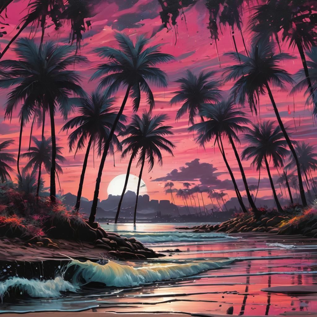 Tropical Sunset Graffiti Art on Sandy Beach