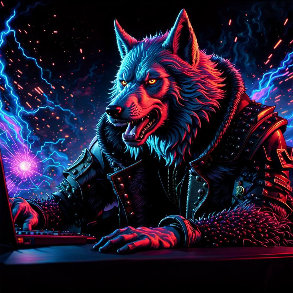 Werewolf Hacker in Neon Explosion, Hyperdetailed Matte Paint...