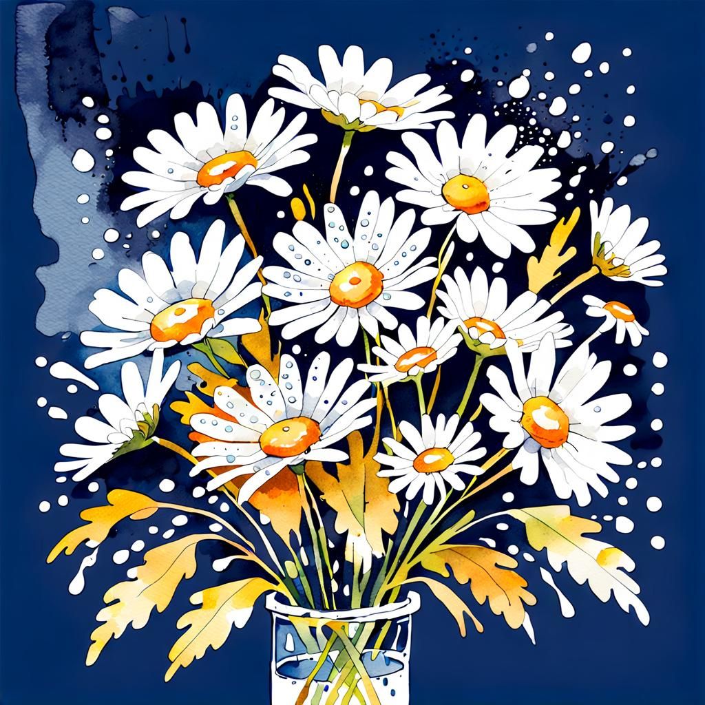 Elegant Watercolor Daisy Bouquet on Navy Background