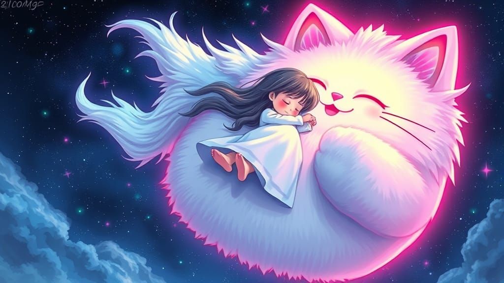 Girl and Cat-Chair Soar Through Neon Sky